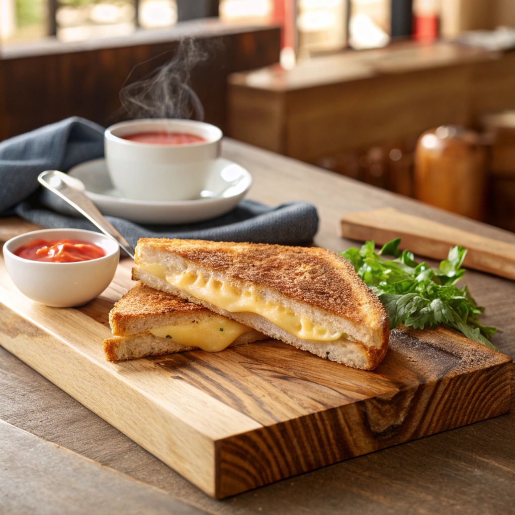 Starbucks grilled cheese sandwich with tomato soup on a wooden board.