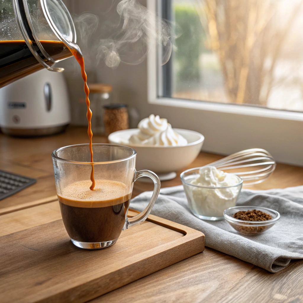 Pouring Espresso into a Glass Mug for Einspanner Coffee Preparation