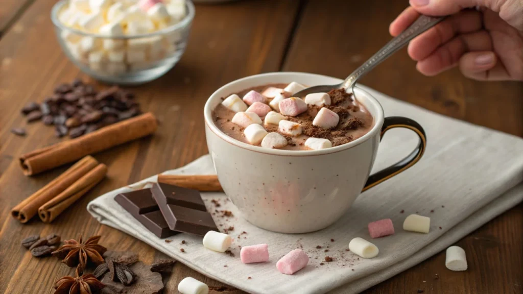 A hand stirring hot chocolate with marshmallows and toppings.