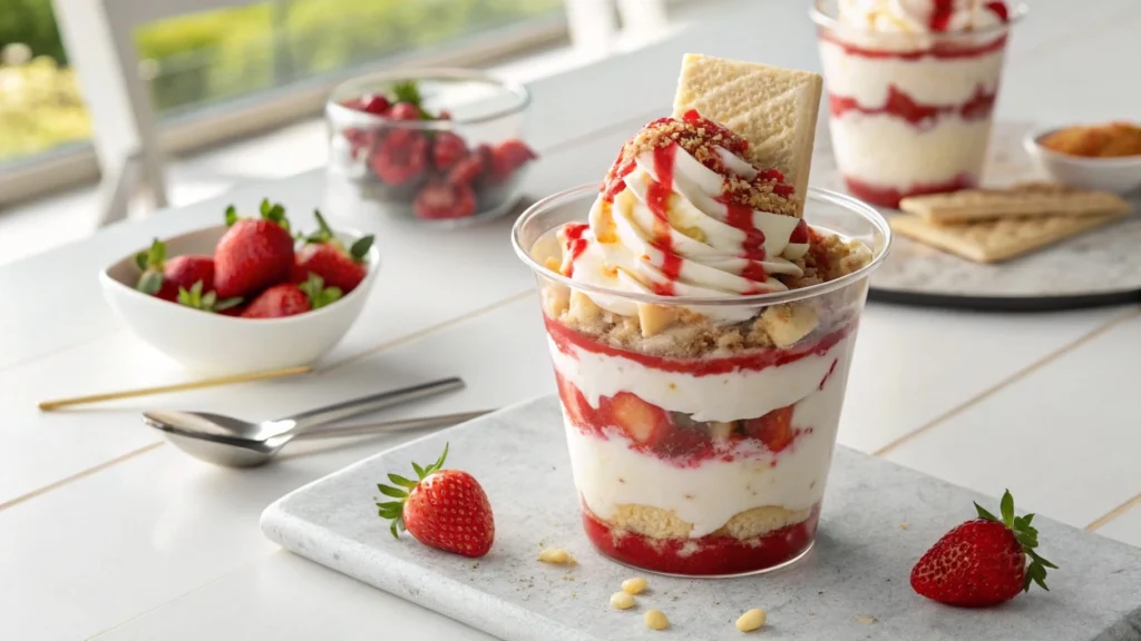 A Strawberry Cheesecake Blast dessert in a clear cup with layered ice cream, strawberry sauce, and cheesecake chunks.