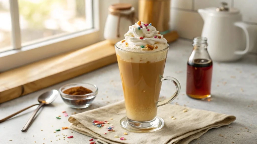 A glass of sugar cookie latte topped with whipped cream and sprinkles on a kitchen counter.