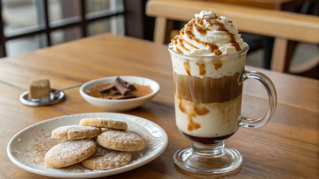 Latte with sugar cookie syrup topped with whipped cream and cinnamon.