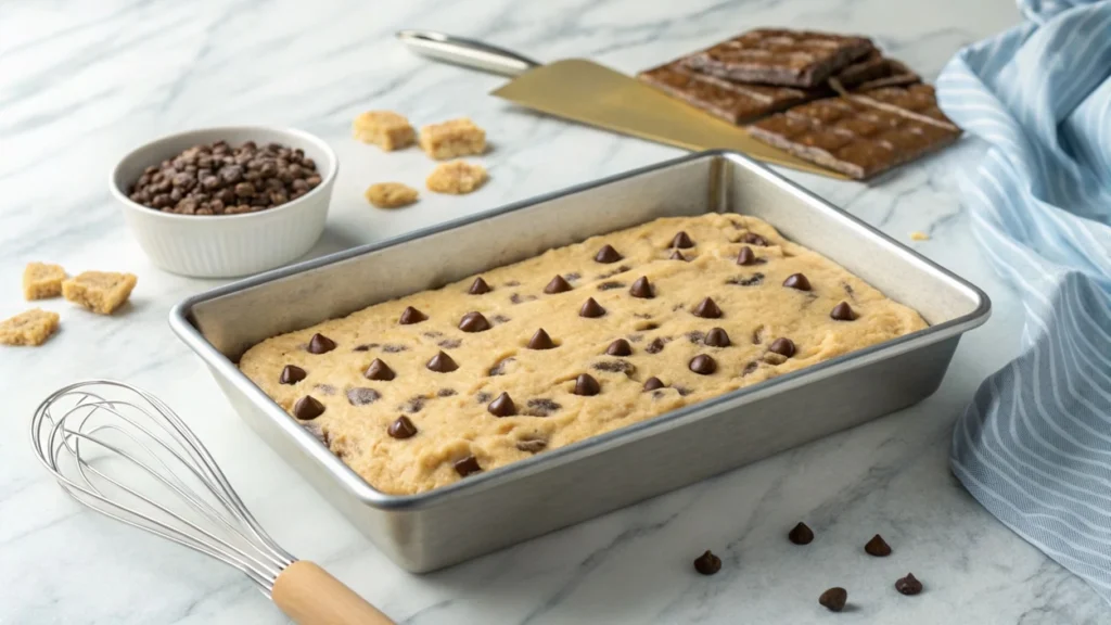 Toll House cookie dough spread evenly in a baking pan ready for the oven.