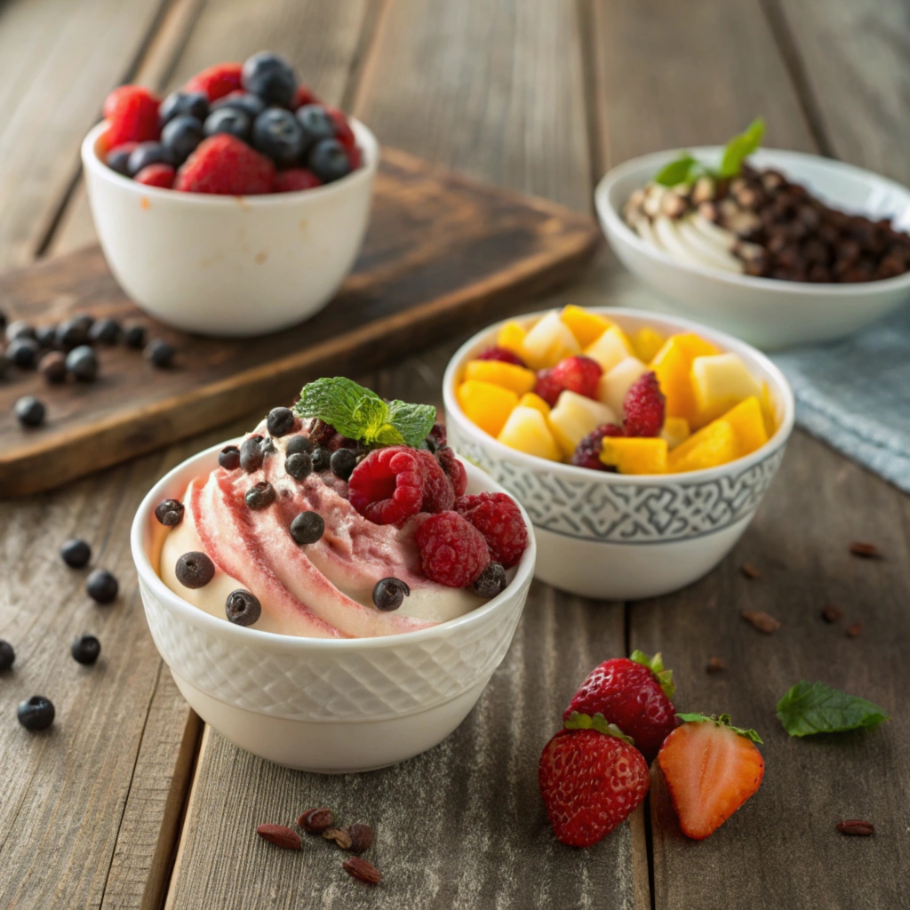 Frozen yogurt bowls with various toppings.