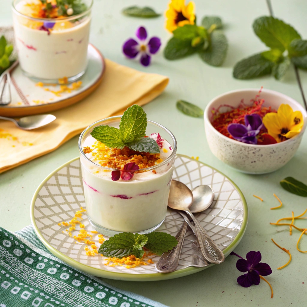 Yogurt drinks with creative garnishes on a festive table.