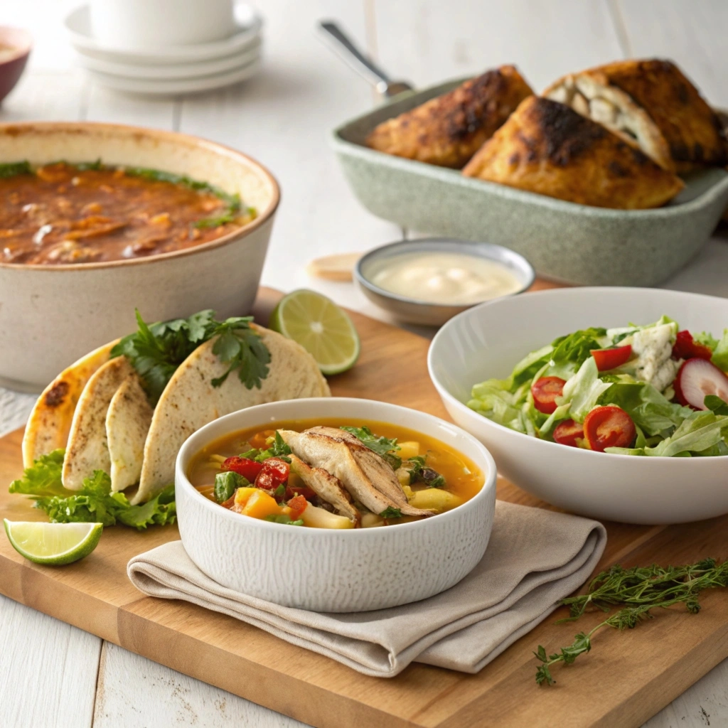 Table of leftover rotisserie chicken dishes including chicken soup, chicken tacos, and chicken salad.