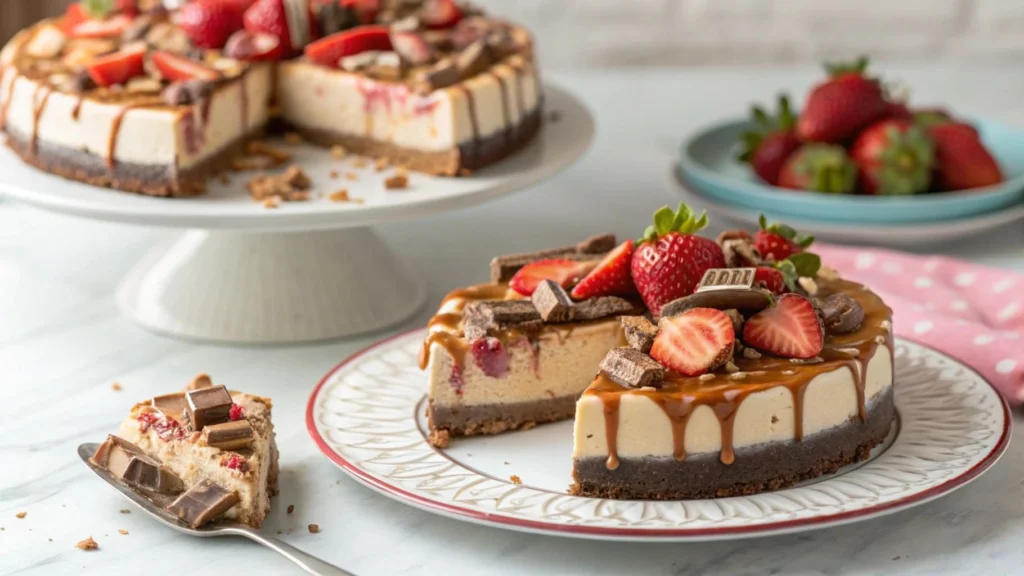 A slice of Snickers strawberry cheesecake served with caramel drizzle.