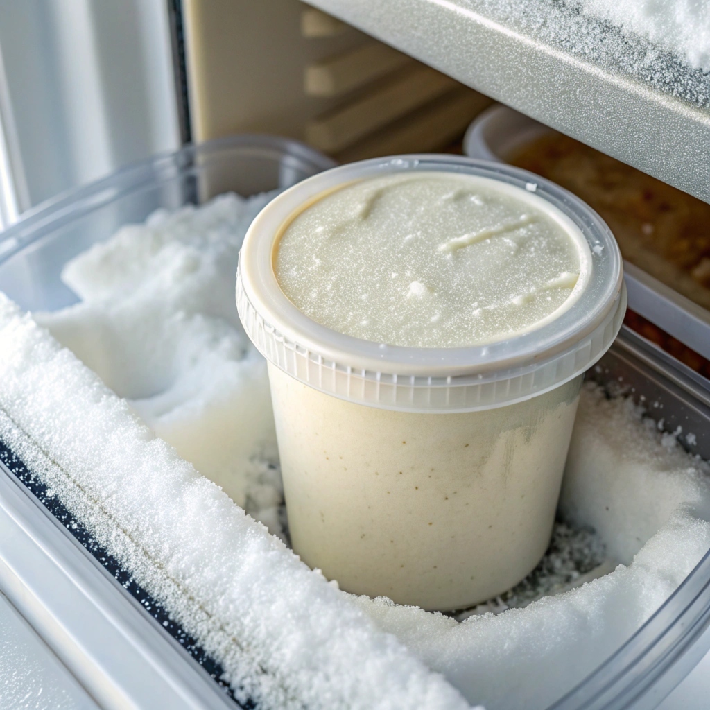 Ninja Creami pint container freezing yogurt mixture in a freezer.