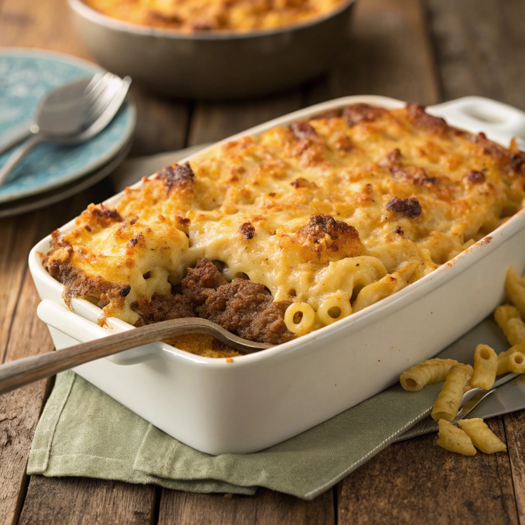 Golden and bubbly Mac and Cheese Meatloaf Casserole fresh out of the oven, with crispy cheese edges and a serving spoon beside it.