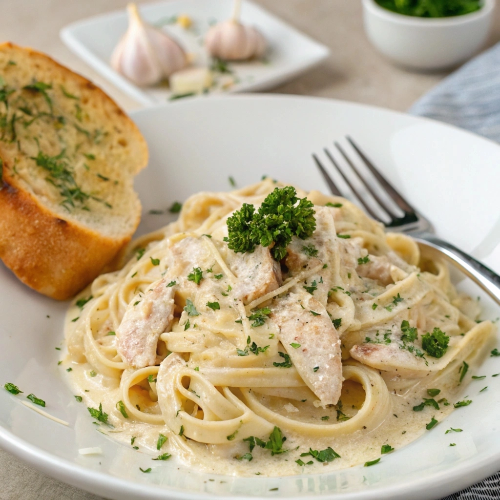 Leftover rotisserie chicken recipes: Creamy Alfredo pasta with rotisserie chicken, topped with Parmesan and parsley.

