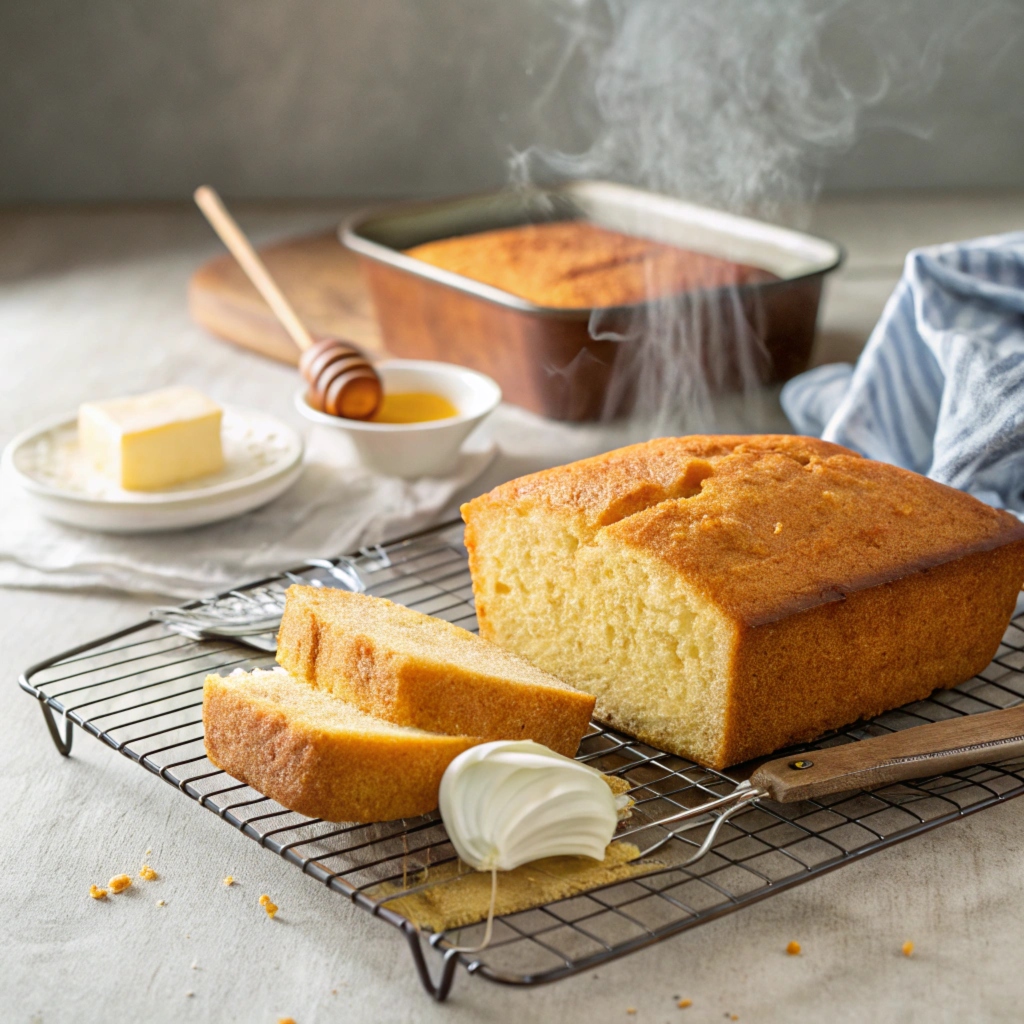 Freshly baked small batch cornbread loaf on a cooling rack with a slice cut, showing a moist interior.