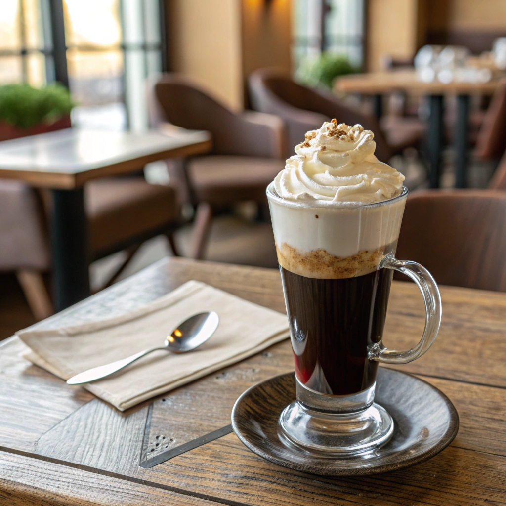 Classic Einspanner Coffee in a Clear Glass Mug with Whipped Cream