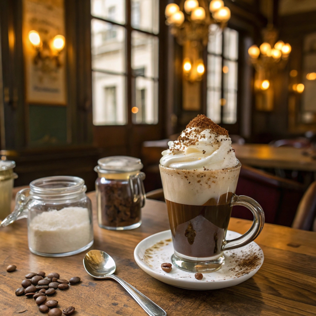 A classic Einspänner coffee with whipped cream in a Viennese café.