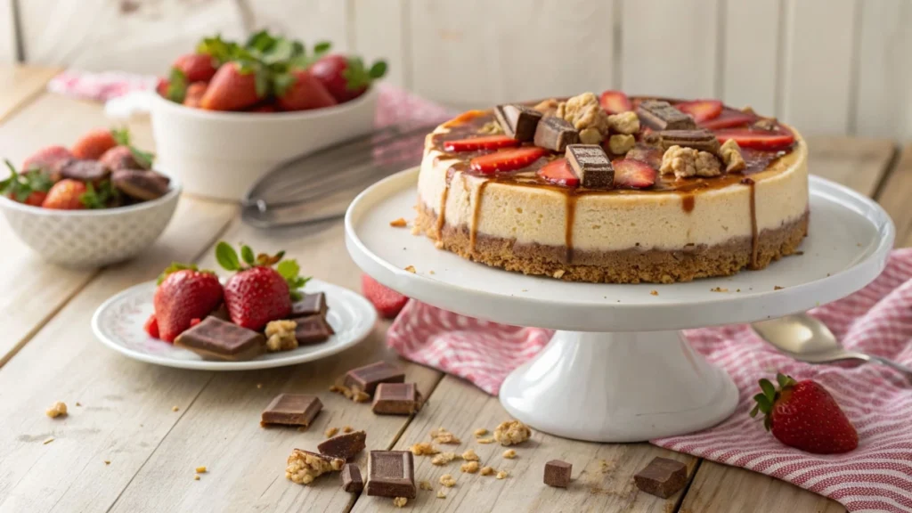 A Snickers strawberry cheesecake on a white stand with strawberries and caramel drizzle.