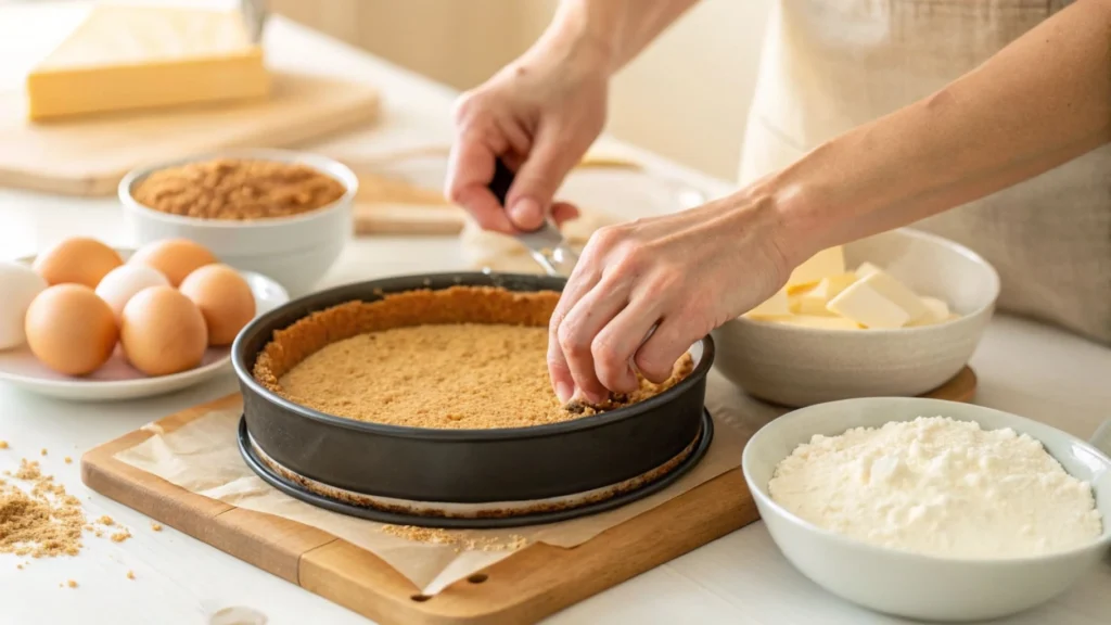 Hands pressing a graham cracker crust into a springform pan for cheesecake.