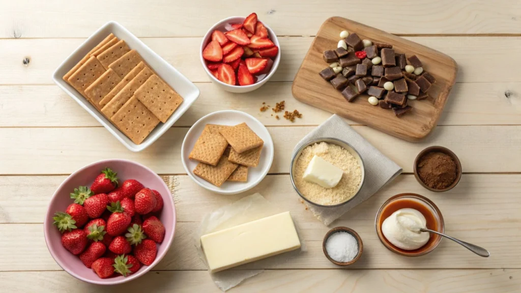 Ingredients for Snickers strawberry cheesecake displayed on a wooden counter.