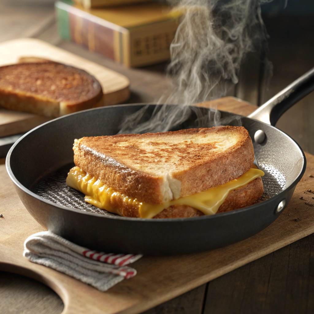 Starbucks grilled cheese sandwich grilling in a skillet.