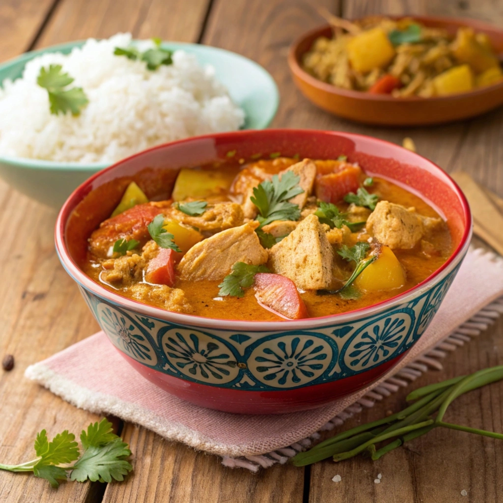 Leftover rotisserie chicken recipes: Chicken curry made with rotisserie leftovers, served with rice and garnished with cilantro.

