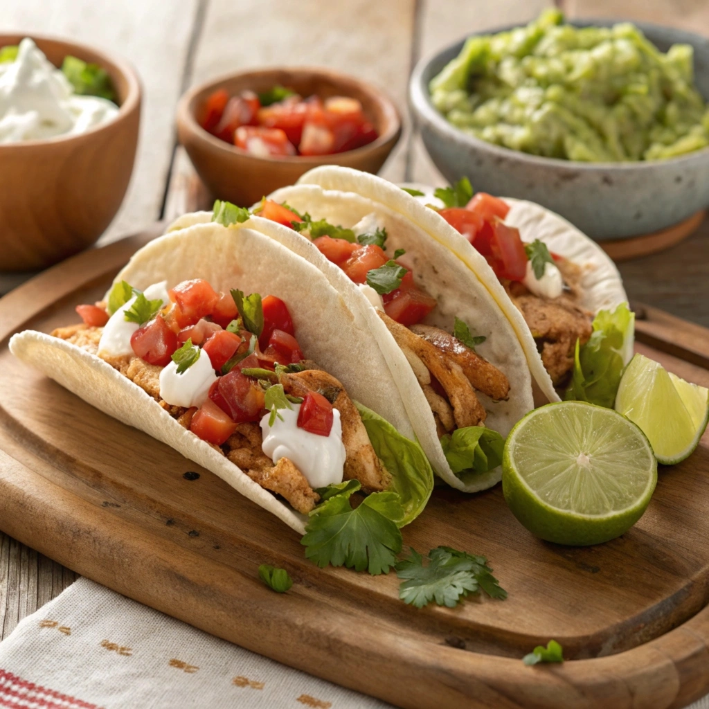 Leftover rotisserie chicken recipes: Chicken tacos with rotisserie chicken, salsa, and sour cream, perfect for quick meals.

