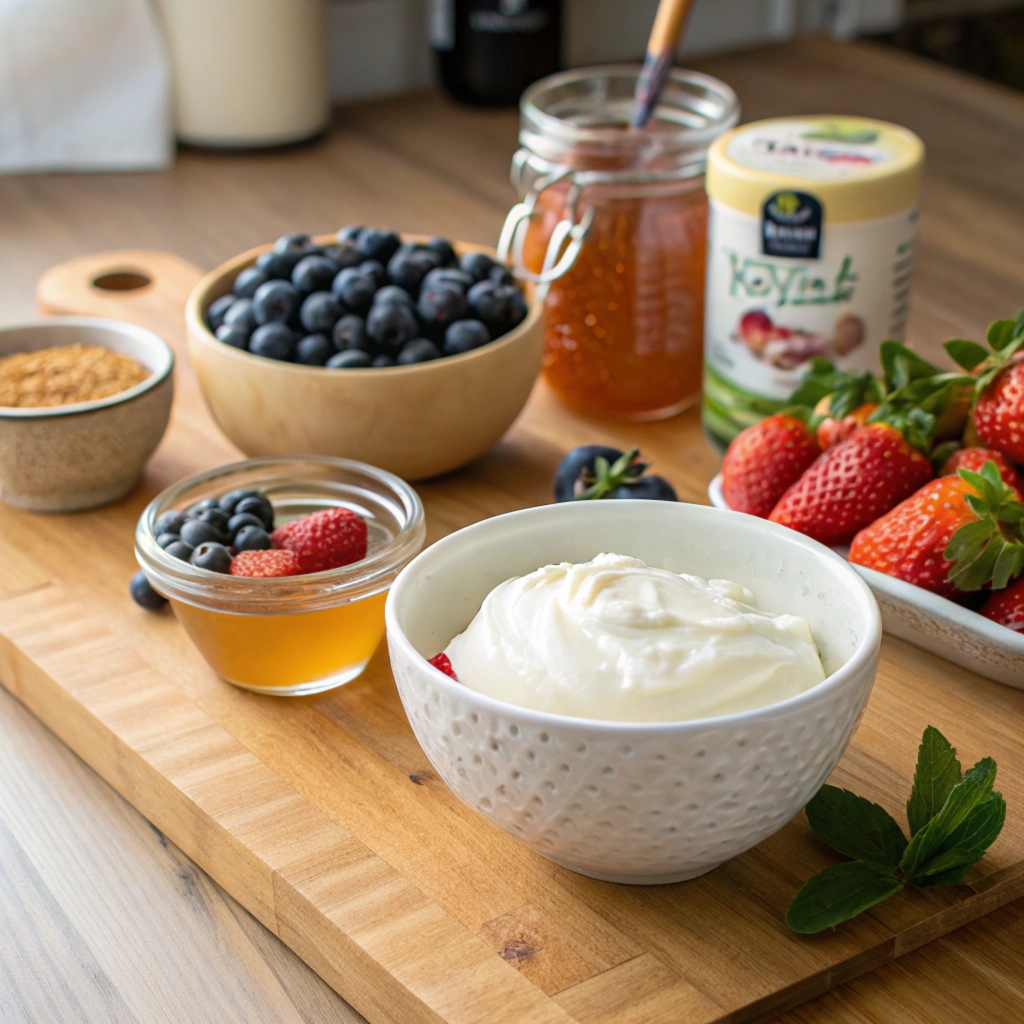 Key ingredients for making frozen yogurt: yogurt, honey, and fresh fruits.