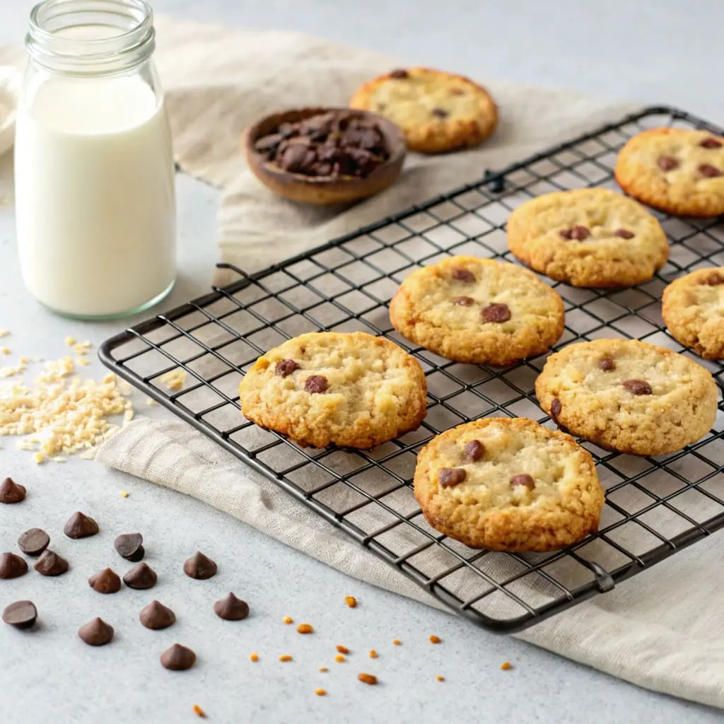 Freshly baked crumble cookies cooling on a rack with milk and chocolate chips nearby.