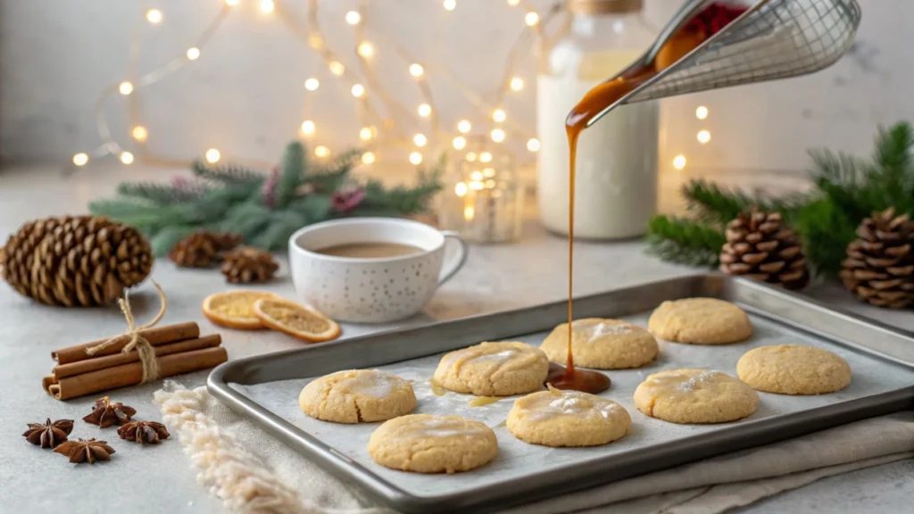 Drizzling sugar cookie syrup on freshly baked cookies with holiday decorations.