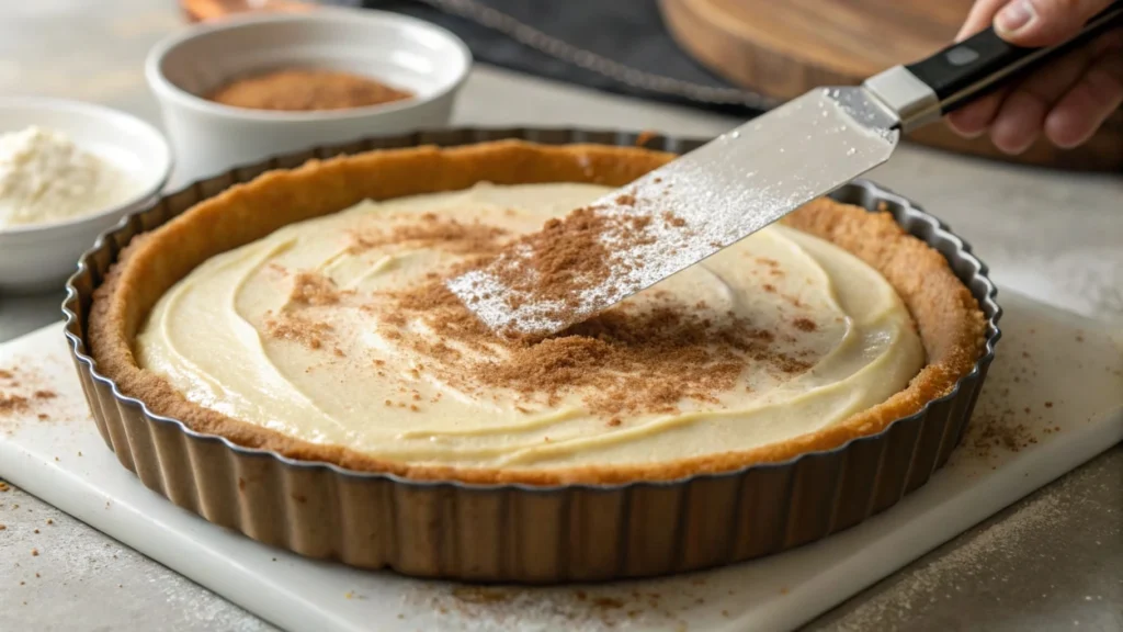 Baker spreading cheesecake filling over a churro layer in a baking dish