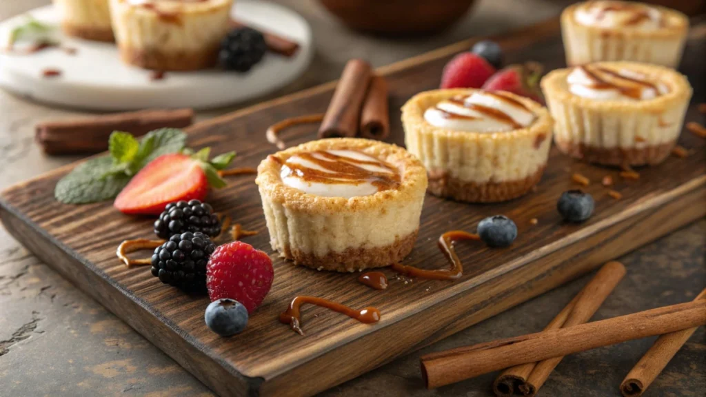 Mini churro cheesecake bites garnished with caramel and cinnamon sticks