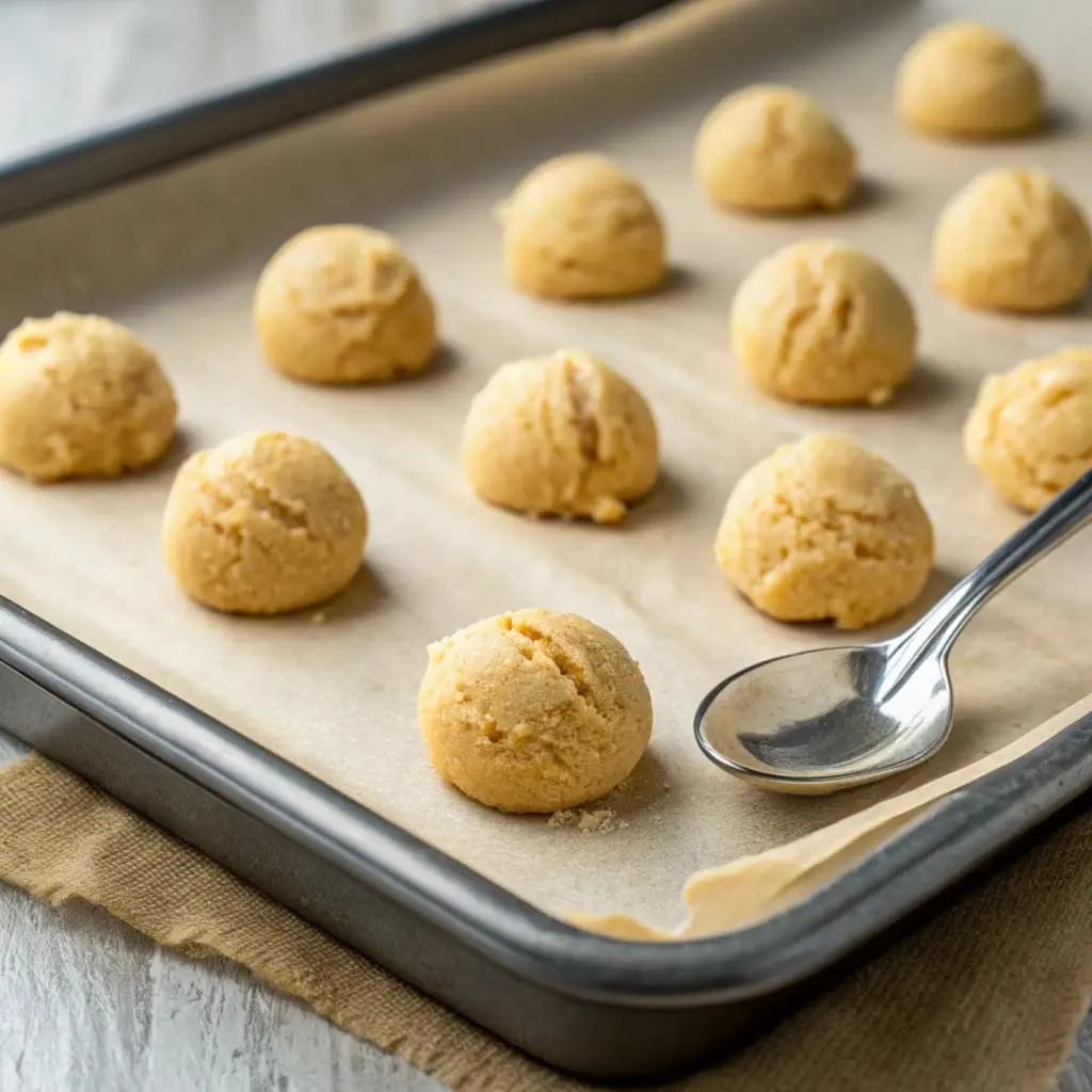 Cookie dough balls shaped and pressed on a baking sheet, ready for the oven.