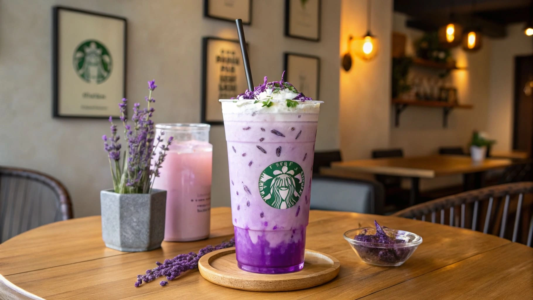 A Starbucks lavender drink with purple hues garnished with lavender buds.