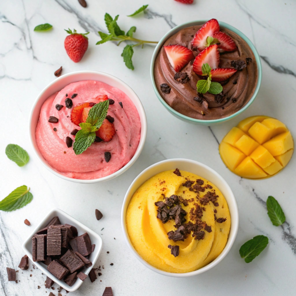 Variety of frozen yogurt flavors: strawberry, mango, and chocolate with toppings.