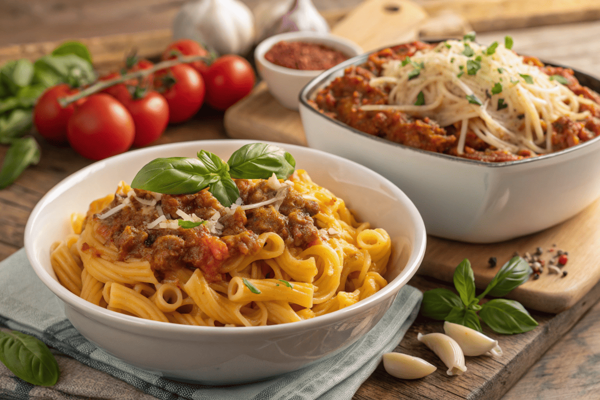 A close-up view of spaghetti with marinara and beefaroni casserole on a rustic wooden table.