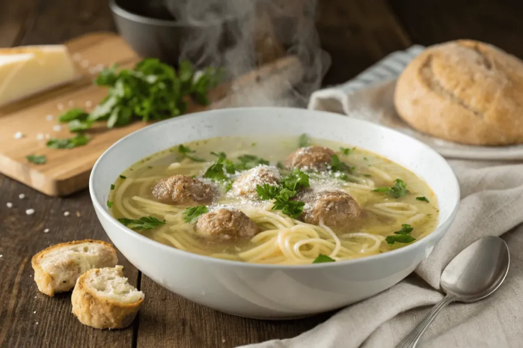 Acini di pepe pasta in chicken broth with mini meatballs and parsley