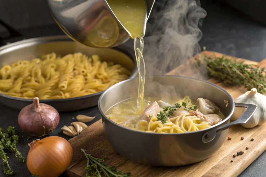 Chicken stock being poured into a pot with dry pasta.