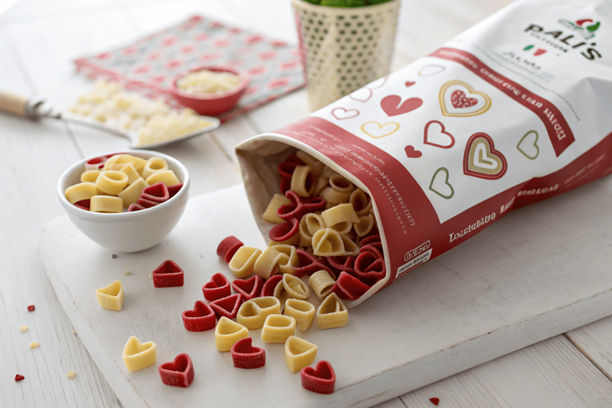 A close-up image of Aldi’s Reggano heart-shaped pasta bag with uncooked pasta spilling out.Aldi heart-shaped pasta