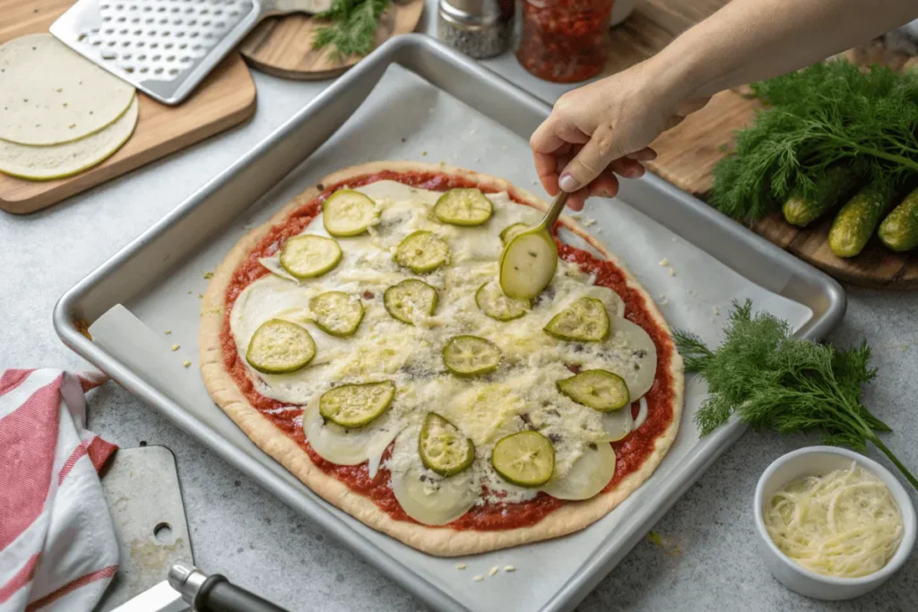  An overhead view of a half-assembled pickle pie pizza.