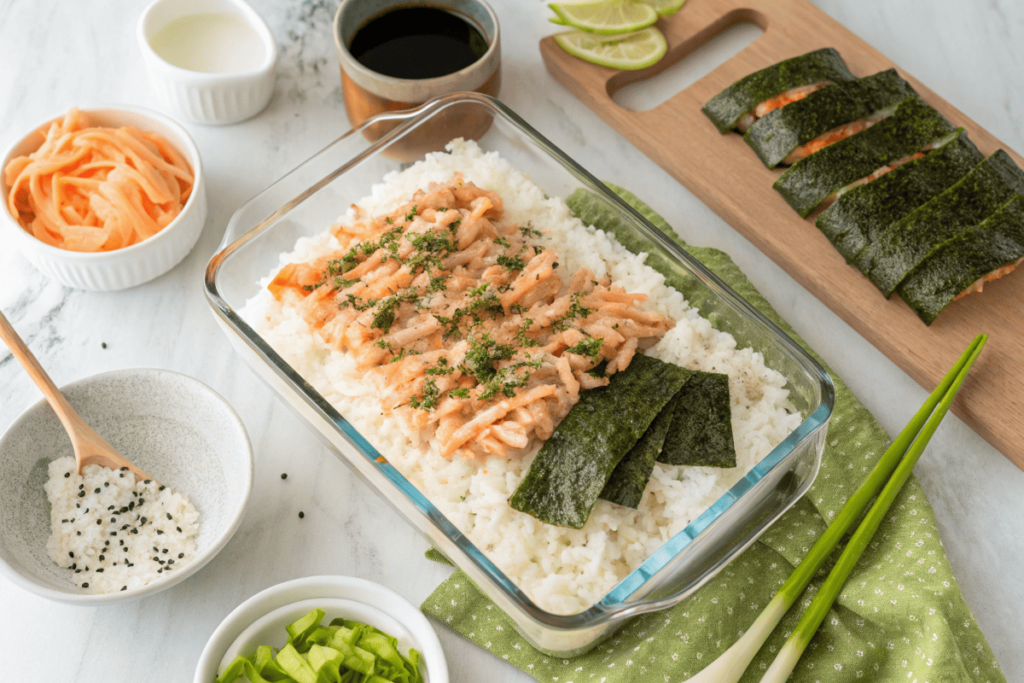 Layering rice and salmon for a salmon sushi bake