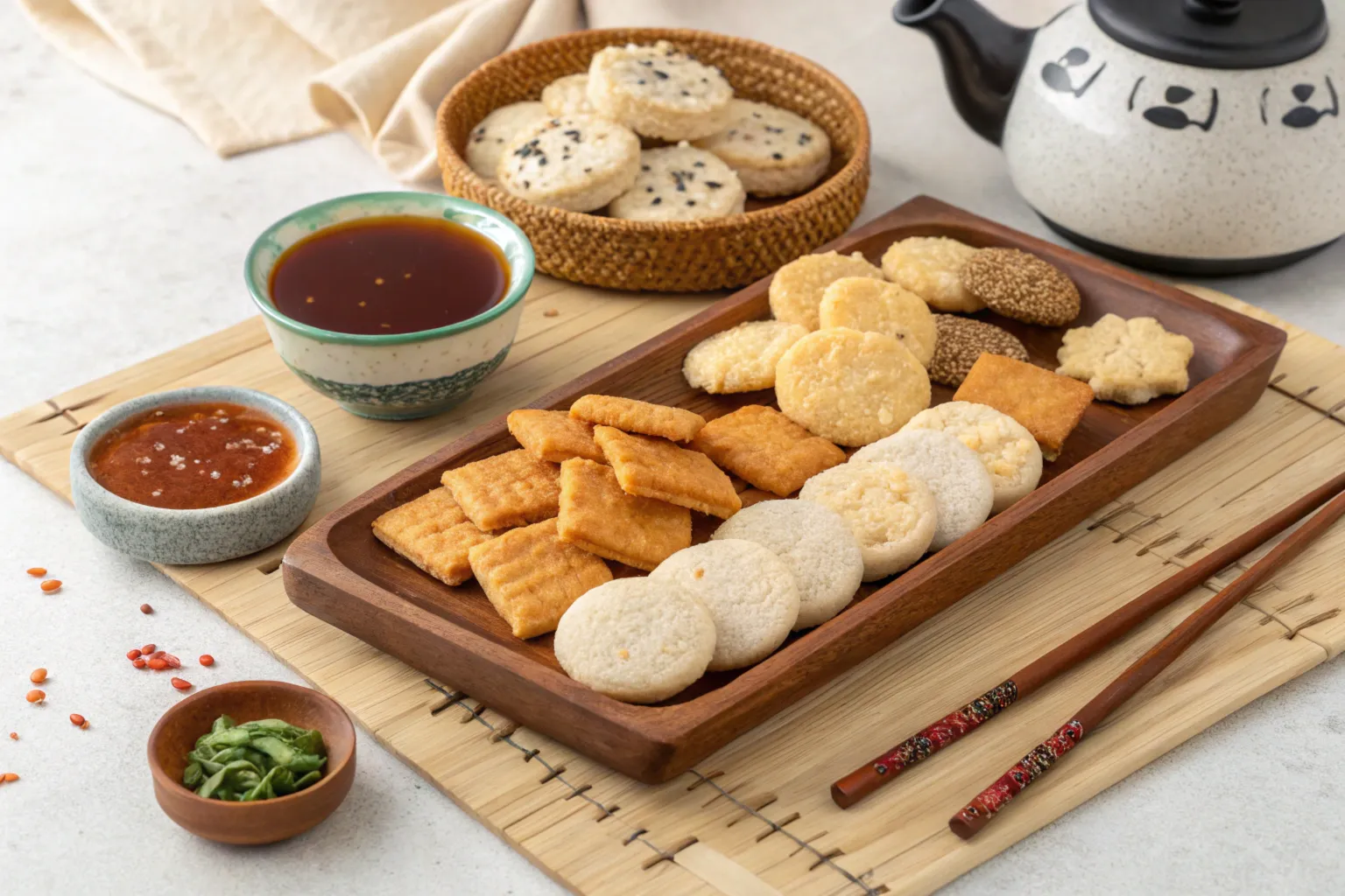 Assorted rice crackers displayed on a wooden platter with dipping sauces and traditional Asian tableware in a rustic setting.