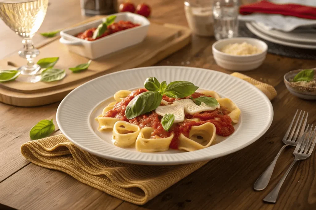 Barilla's new heart-shaped pasta served with tomato sauce and fresh basil