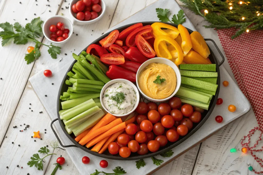 A colorful veggie tray with fresh vegetables and dips on a rustic wooden table