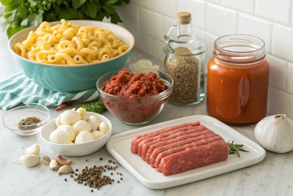 Ingredients for making beefaroni on a kitchen counter.