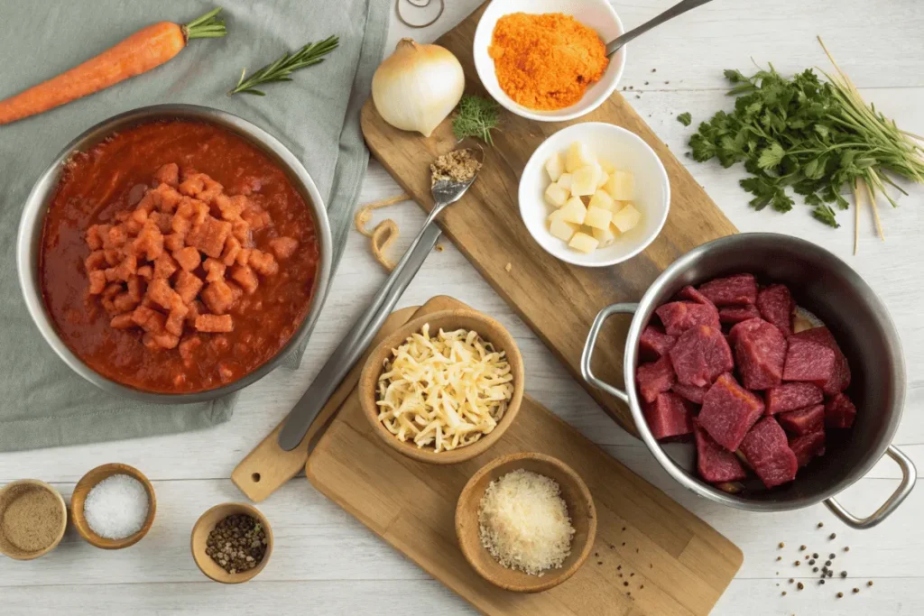 Cooking process for beefaroni and goulash with ingredients laid out on a kitchen counter