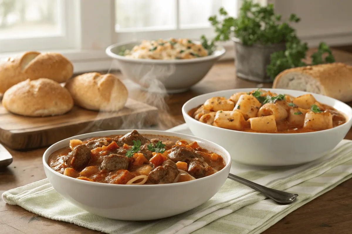 A bowl of beefaroni and a bowl of Hungarian goulash served on a cozy dining table.