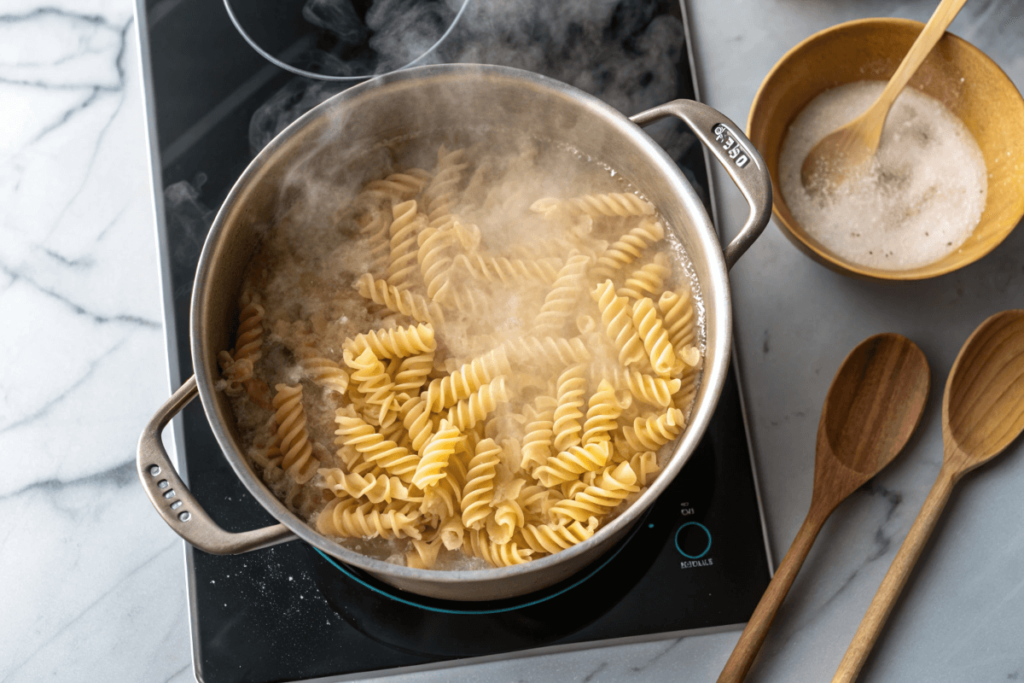 Corkscrew pasta boiling in a pot of salted water on a stovetop.