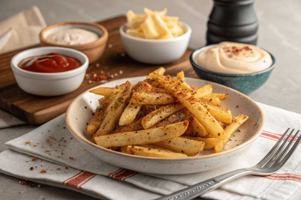 French fries with Cajun seasoning and dipping sauces.