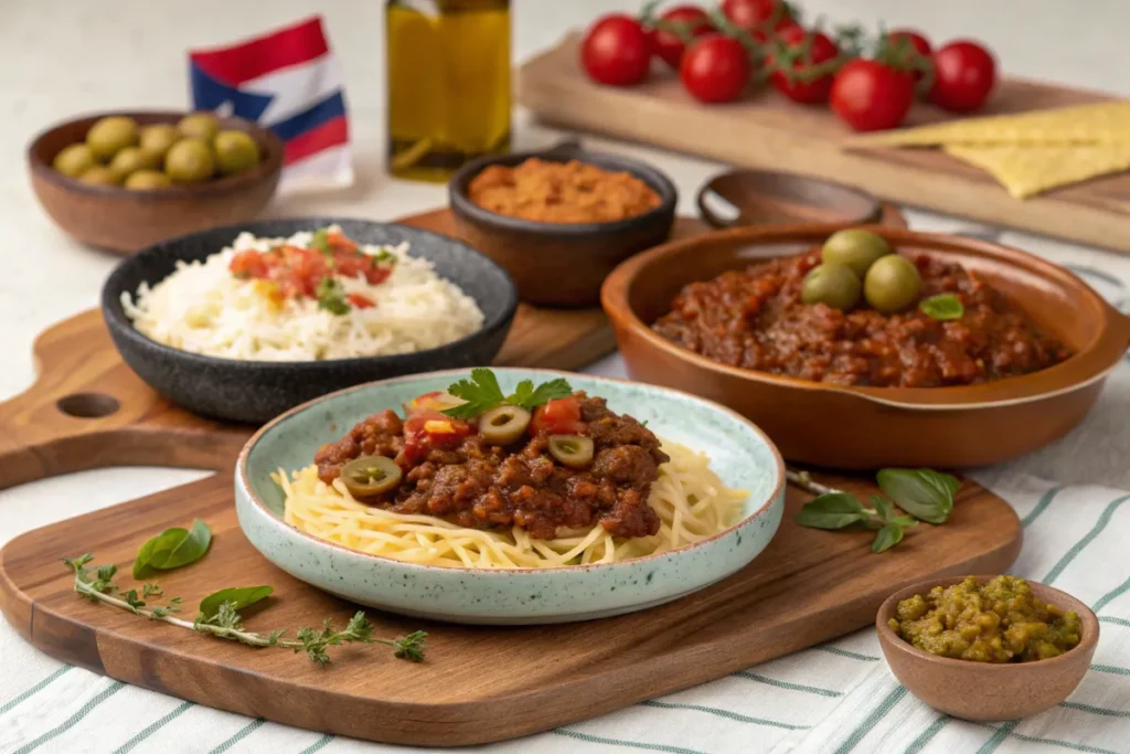 Carne molida dishes like Cuban picadillo, Italian spaghetti bolognese, and Mexican tacos on a table