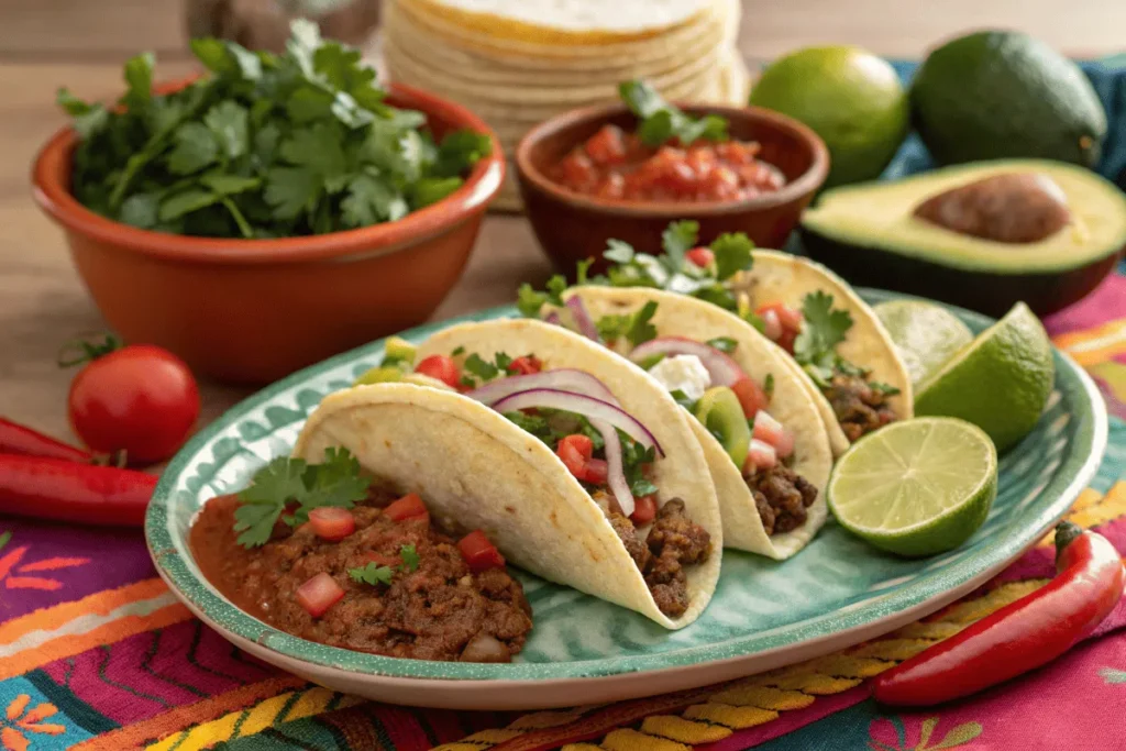 Mexican tacos filled with carne molida, cilantro, and fresh toppings.