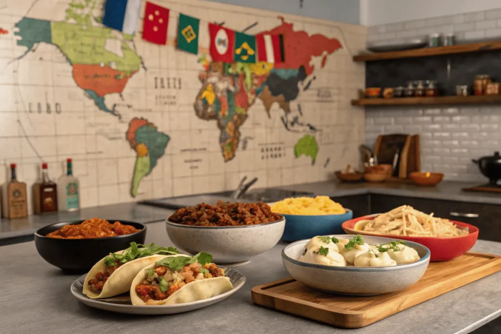 Global dishes made with carne molida, such as tacos, pasta, and dumplings.