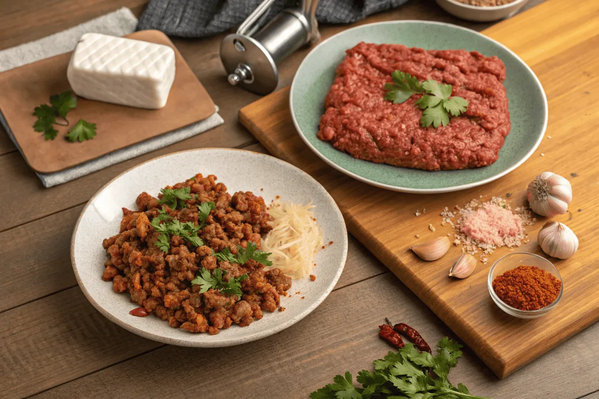 Comparison of carne molida and ground beef on plates with spices