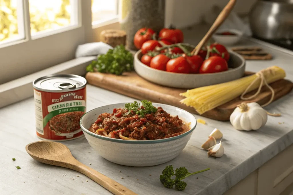 A bowl of Chef Boyardee Beefaroni next to its can, with fresh ingredients around it.